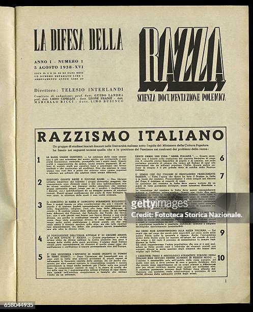 'La Difesa della Razza' or 'The Defence of the Race': the manifesto of italian racism, developed in 10 points by a group of university professors,...