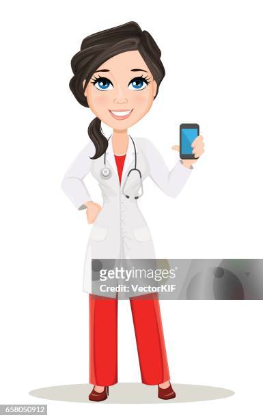Doctor Woman With Stethoscope Cute Cartoon Smiling Doctor Character In  Medical Gown Holding Smartphone Vector Illustration Eps10 High-Res Vector  Graphic - Getty Images
