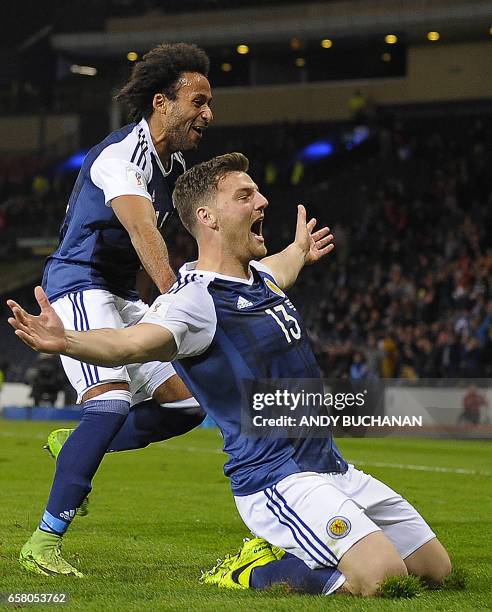 Scotland's striker Chris Martin celebrates scoring the only goal with Scotland's defender Ikechi Anya during the World Cup 2018 qualification...