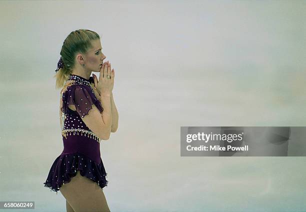 Tonya Harding of the United States during the Women's Singles Figure Skating on 25 February 1994 during the XVII Olympic Winter Games at the Olympic...