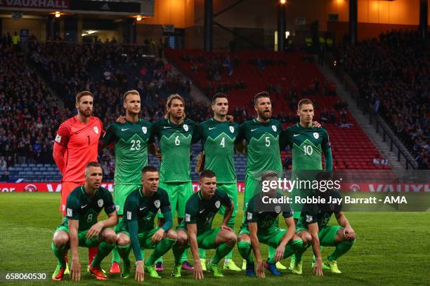 Slovenia team photo during the FIFA 2018 World Cup Qualifier between Scotland and Slovenia at Hampden Park on March 26, 2017 in Glasgow, Scotland.