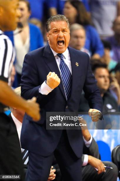 Head coach John Calipari of the Kentucky Wildcats reacts in the first half against the North Carolina Tar Heels during the 2017 NCAA Men's Basketball...