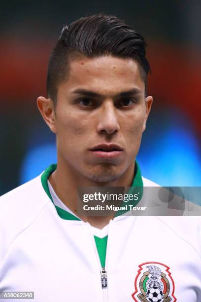 Carlos Salcedo of Mexico attends the anthem ceremony prior the fifth round match between Mexico and Costa Rica as part of the FIFA 2018 World Cup...