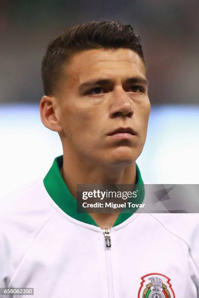 Hector Moreno of Mexico attends the anthem ceremony prior the fifth round match between Mexico and Costa Rica as part of the FIFA 2018 World Cup...