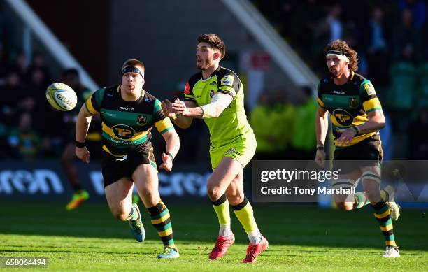 Owen Williams of Leicester Tigers passes the ball during the Aviva Premiership match between Northampton Saints and Leicester Tigers at Franklin's...