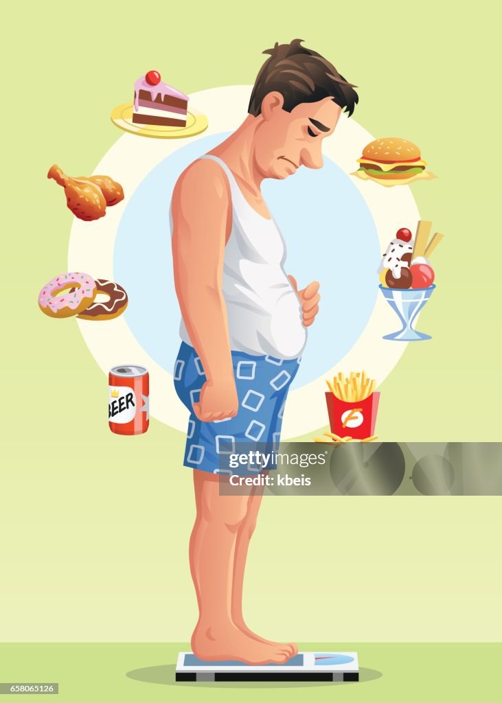 Mann auf einer Skala, die Entscheidung für eine Diät machen