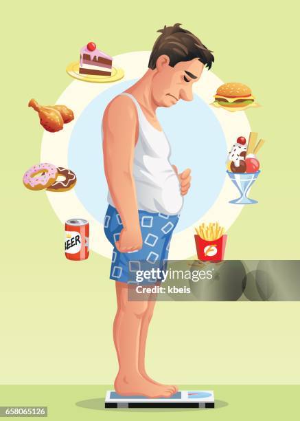 mann auf einer skala, die entscheidung für eine diät machen - körperbewusstsein stock-grafiken, -clipart, -cartoons und -symbole