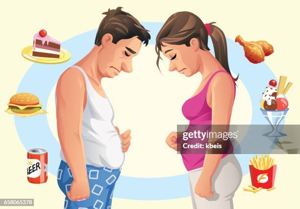 ilustraciones, imágenes clip art, dibujos animados e iconos de stock de hombre y mujer deciden ir en una dieta - fat female cartoon characters