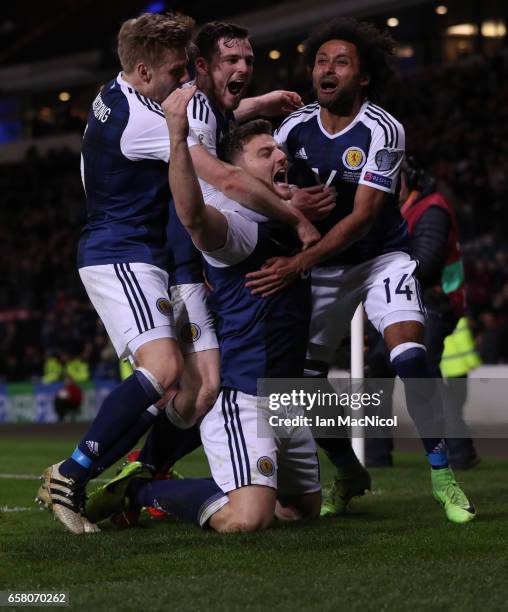 Chris Martin of Scotland celebrates after he scores during the FIFA 2018 World Cup Qualifier between Scotland and Slovenia at Hampden Park on March...