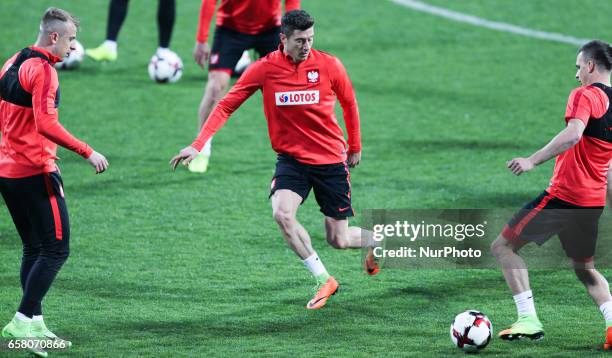 Kamil Grosicki , Robert Lewandowski , Slawomir Peszko of Poland during the training before Montenegro - Poland match, football, in Podgorica,...