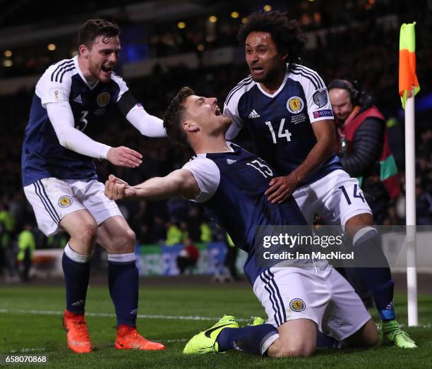 Chris Martin of Scotland celebrates after he scores during the FIFA 2018 World Cup Qualifier between Scotland and Slovenia at Hampden Park on March...