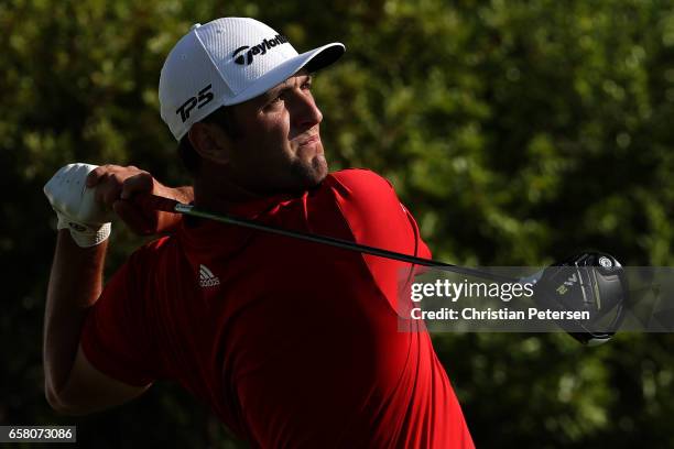 Jon Rahm of Spain tees off on the 15th hole during the final match of the World Golf Championships-Dell Technologies Match Play at the Austin Country...