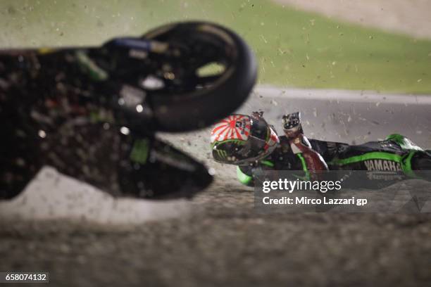 Johann Zarco of France and Monster Yamaha Tech 3 crashed out during the MotoGP race during the MotoGp of Qatar - Race at Losail Circuit on March 26,...