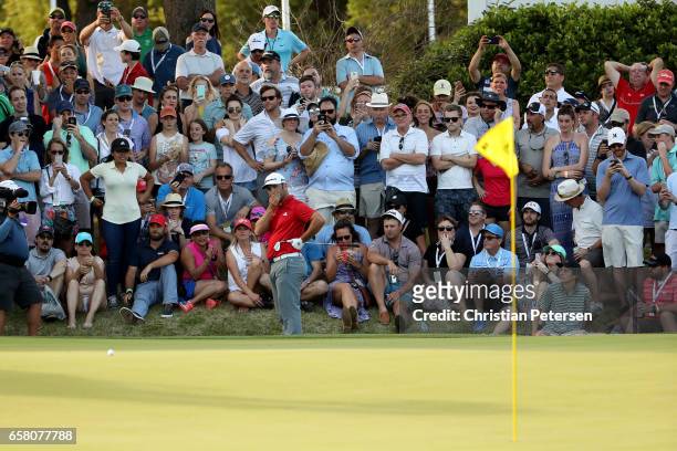 Jon Rahm of Spain reacts to his chip shot on the 18th hole during the final match of the World Golf Championships-Dell Technologies Match Play at the...