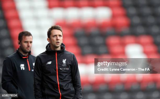 Scott Rogers manager of Liverpool Ladies during the SSE FA Women's Cup Sixth Round match at Select Security Stadium on March 26, 2017 in Widnes,...