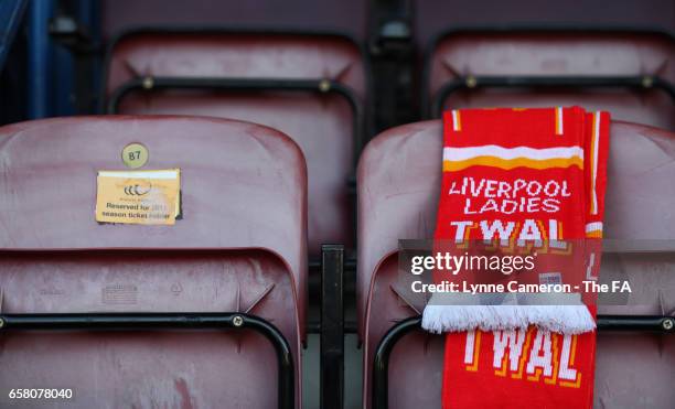 Scarf of Liverpool Ladies during the SSE FA Women's Cup Sixth Round match at Select Security Stadium on March 26, 2017 in Widnes, England.