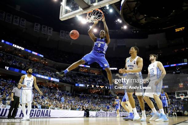 Edrice Adebayo of the Kentucky Wildcats dunks in the second half against the North Carolina Tar Heels during the 2017 NCAA Men's Basketball...