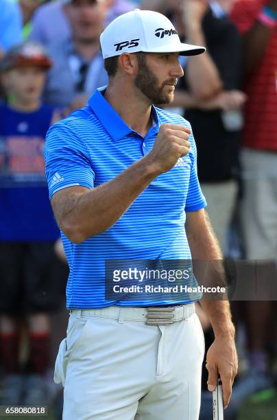 Dustin Johnson reacts after winning the final match of the World Golf Championships-Dell Technologies Match Play over Jon Rahm of Spain 1 up on the...