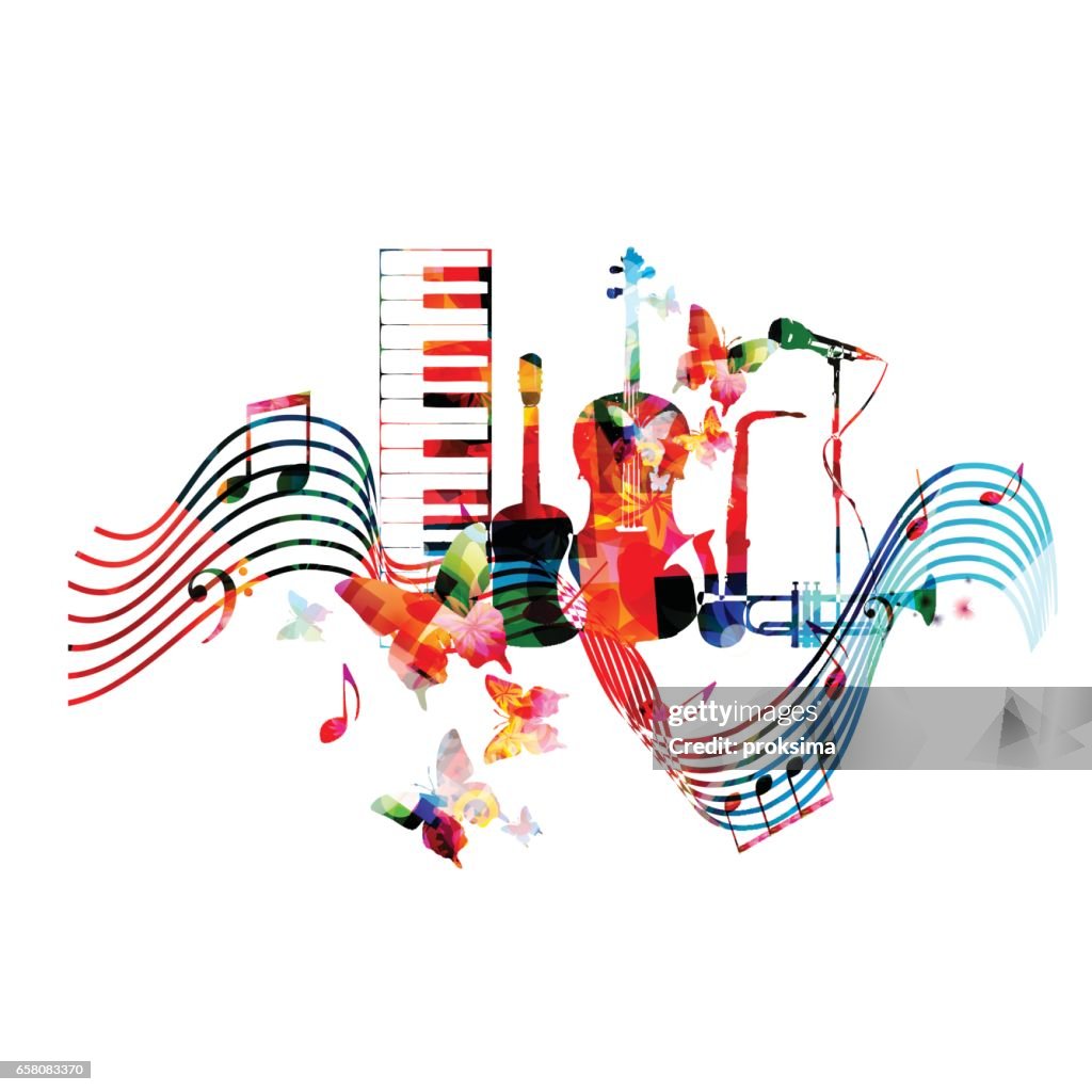 Random Music Notes And Instruments Colorful Music Instruments With Music Notes High-Res Vector Graphic ...