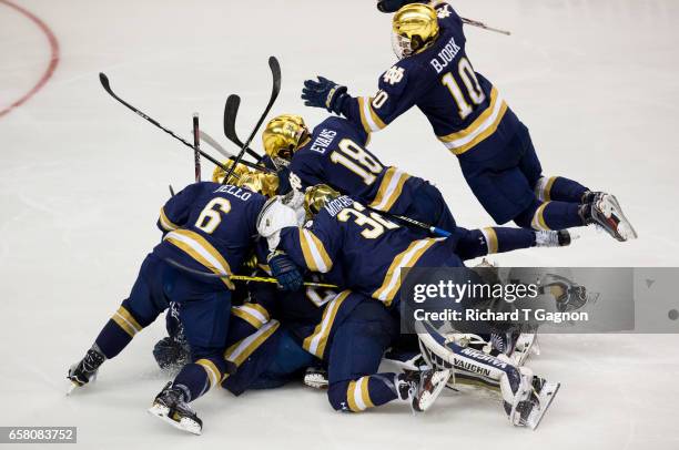 Andrew Oglevie of the Notre Dame Fighting Irish celebrates his overtime winning goal against the Massachusetts Lowell River Hawks during the NCAA...