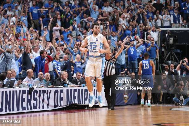 Luke Maye of the University of North Carolina Tar Heels celebrates after he hits a game winning basket against the University of Kentucky Wildcats...