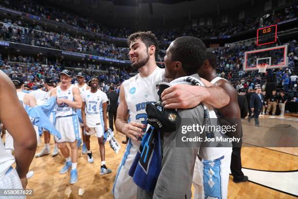 Luke Maye of the University of North Carolina Tar Heels celebrates after he hits a game winning basket against the University of Kentucky Wildcats...