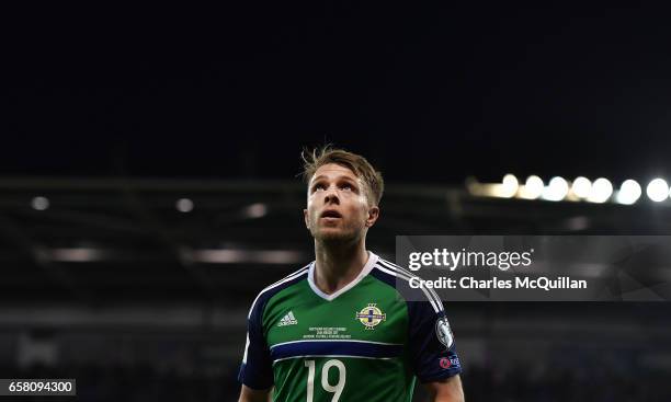 Jamie Ward of Northern Ireland during the FIFA 2018 World Cup Qualifier between Northern Ireland and Norway at Windsor Park on March 26, 2017 in...