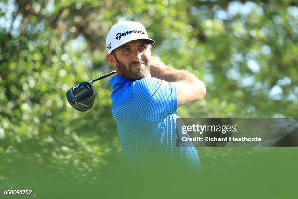 Dustin Johnson tees off on the 12th hole during the final match of the World Golf Championships-Dell Technologies Match Play at the Austin Country...