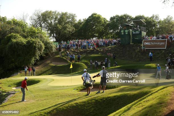 Jon Rahm of Spain plays a shot on the 17th hole during the final match of the World Golf Championships-Dell Technologies Match Play at the Austin...
