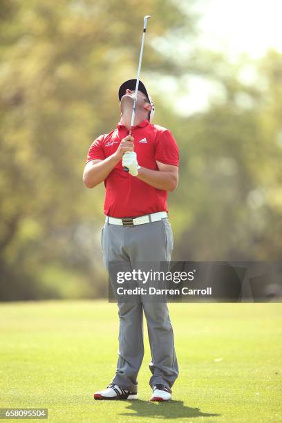 Jon Rahm of Spain reacts after missing a putt on the 10th hole during the final match of the World Golf Championships-Dell Technologies Match Play at...