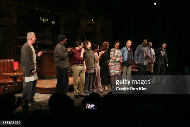 Director Kate Whoriskey and writer Lynn Nottage join cast members on stage during curtain call for "Sweat" Broadway Opening Night at Studio 54 on...