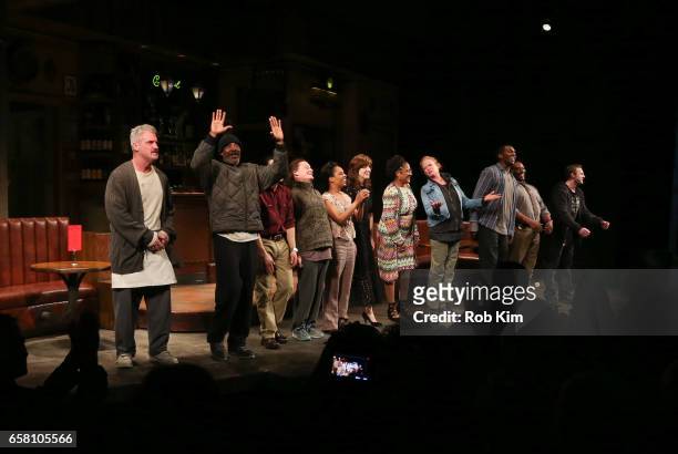 Director Kate Whoriskey and writer Lynn Nottage join cast members on stage during curtain call for "Sweat" Broadway Opening Night at Studio 54 on...