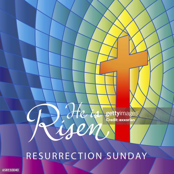 stained glass he is risen - easter religious stock illustrations