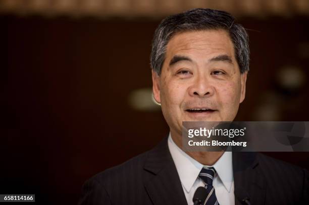 Leung Chun-ying, Hong Kong's chief executive, speaks during a news conference in Hong Kong, China, on Monday, March 27, 2017. Behind-the-scenes...