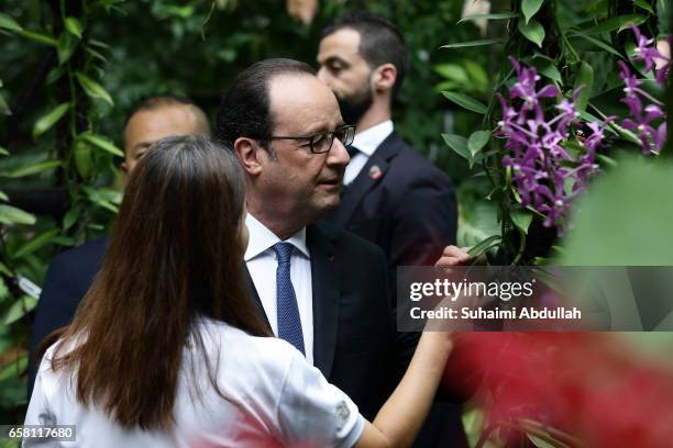 French President Francois Hollande tours the orchid garden after the orchid naming ceremony at the National Orchid Gardens on 27 March, 2017 in...