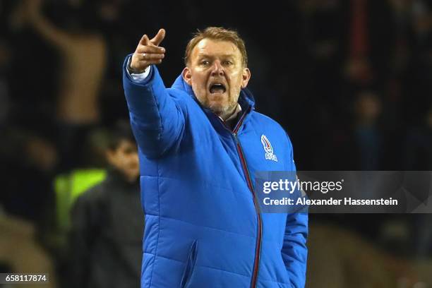 Robert Prosinecki, head coach of Azerbaijan reacts during the FIFA 2018 World Cup Qualifing Group C between Azerbaijan and Germany at Tofiq Bahramov...