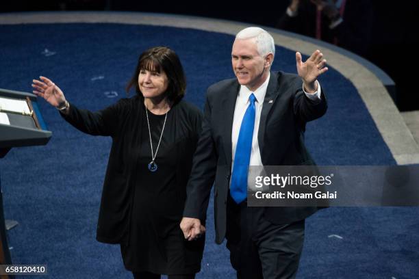 Vice President Mike Pence and his wife Karen Pence are introduced at the the AIPAC 2017 Convention on March 26, 2017 in Washington, DC.