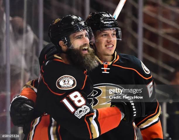 Patrick Eaves of the Anaheim Ducks celebrates his goal with Rickard Rakell, his second goal of the game, to take a 5-3 lead over the New York Rangers...