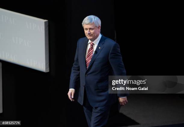 Former Prime Minister of Canada Stephen Harper speaks onstage at the AIPAC 2017 Convention on March 26, 2017 in Washington, DC.