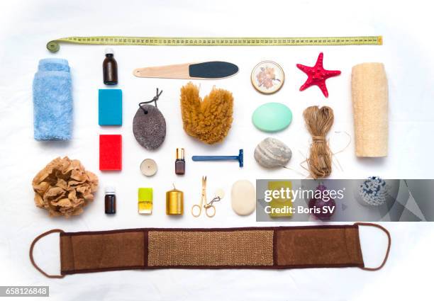knolling of toiletries on the white background - phloem stock pictures, royalty-free photos & images