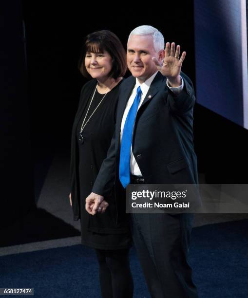 Vice President Mike Pence and his wife Karen Pence are introduced at the the AIPAC 2017 Convention on March 26, 2017 in Washington, DC.