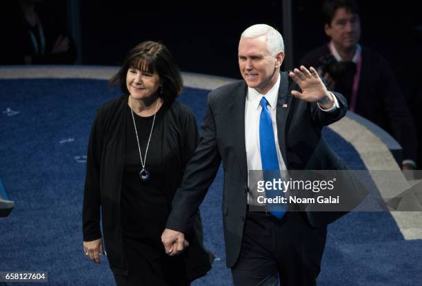 Vice President Mike Pence and his wife Karen Pence are introduced at the the AIPAC 2017 Convention on March 26, 2017 in Washington, DC.