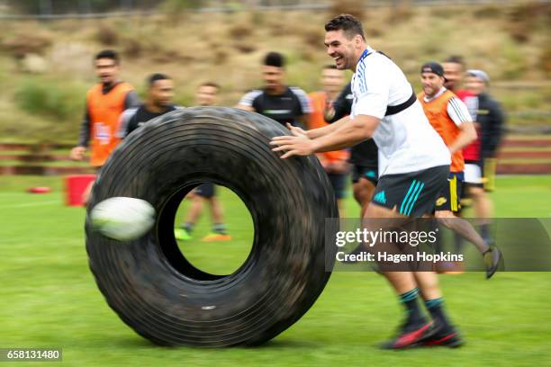 Ben May takes part in a game during a Hurricanes training session at Rugby League Park on March 27, 2017 in Wellington, New Zealand.