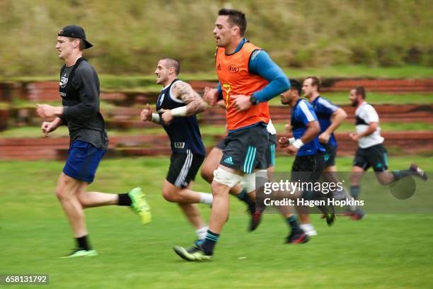 Jordie Barrett takes part in a drill during a Hurricanes training session at Rugby League Park on March 27, 2017 in Wellington, New Zealand.