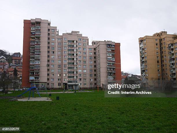 General view of apartment buildings in the Mojmilo Olympic village in Novi Grad, Sarajevo, Bosnia and Hercegovina, March 2015.