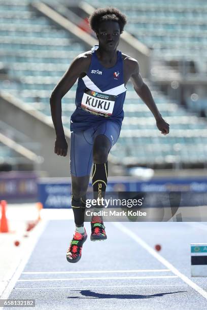 Jotham Kuku of Victoria competes in the mens under 17 triple jump on day two of the 2017 Australian Athletics Championships at Sydney Olympic Park...