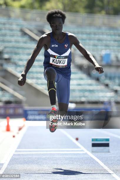 Jotham Kuku of Victoria competes in the mens under 17 triple jump on day two of the 2017 Australian Athletics Championships at Sydney Olympic Park...