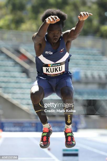 Jotham Kuku of Victoria competes in the mens under 17 triple jump on day two of the 2017 Australian Athletics Championships at Sydney Olympic Park...