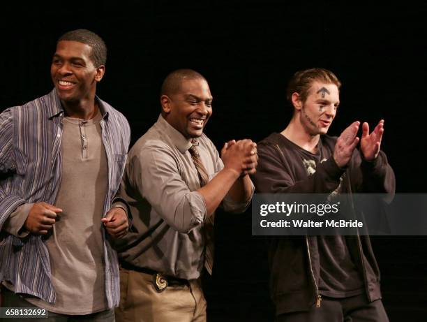 Khris Davis, Lance Coadie Williams and Will Pullen during curtain call bows for the Broadway Opening Night of "Sweat" at Studio 54 on March 26, 2017...