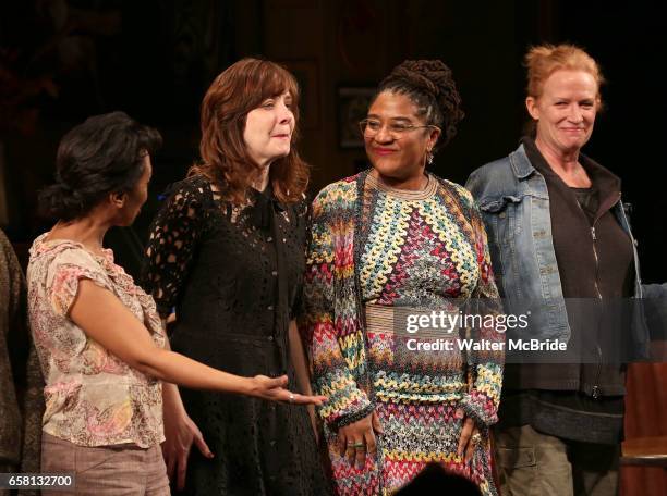 Michelle Wilson, Kate Whoriskey, Lynn Nottage, Johanna Day during curtain call bows for the Broadway Opening Night of "Sweat" at Studio 54 on March...